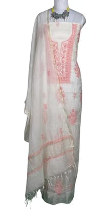 Chikankari Mul Chanderi Dress Material White Pink Floral Chikankari Mul Chanderi Dress Material White Pink Floral