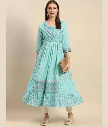 AMIRA'S INDIAN ETHNICWEAR Pack of 1 Cotton Printed Anarkali Women's Kurti - ( Aqua Blue )