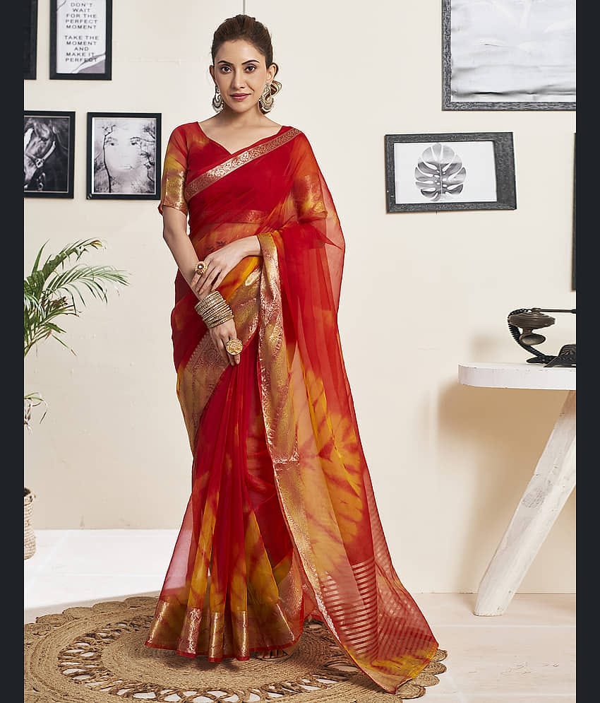 Samah Organza Printed Saree With Unstitched Blouse Piece ( Maroon )