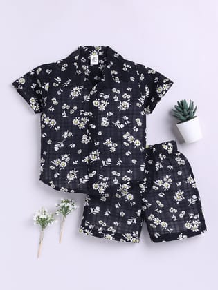 Black Floral Short Sleeves Co-ord Set-9-12 m