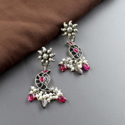 Boho Dangle Real 925 Sterling Silver Pearl Oxidized Women Earrings