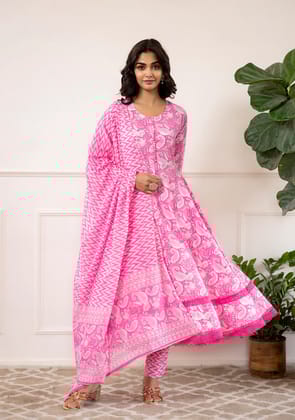 Pink Floral Print Cotton Anarkali Kurta Trouser with Dupatta Set-XS
