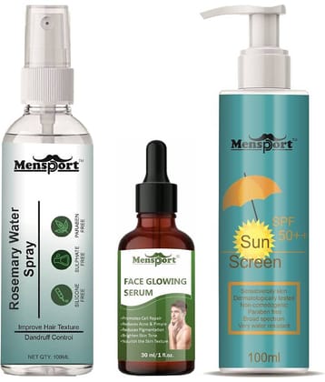 Mensport Rosemary Water | Hair Spray For Hair Regrowth 100ml, Face Glowing Serum (Nourish the Skin Texture) 30ml & Sunscreen Cream with SPF 50++ 100ml - Set of 3 Items