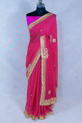 Pure Georgette Jaipuri Dye Hand Gota Stone Work Saree