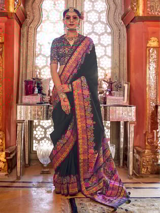Black Poly Viscose Silk Pashmina Saree with Printed Floral Motifs Saree