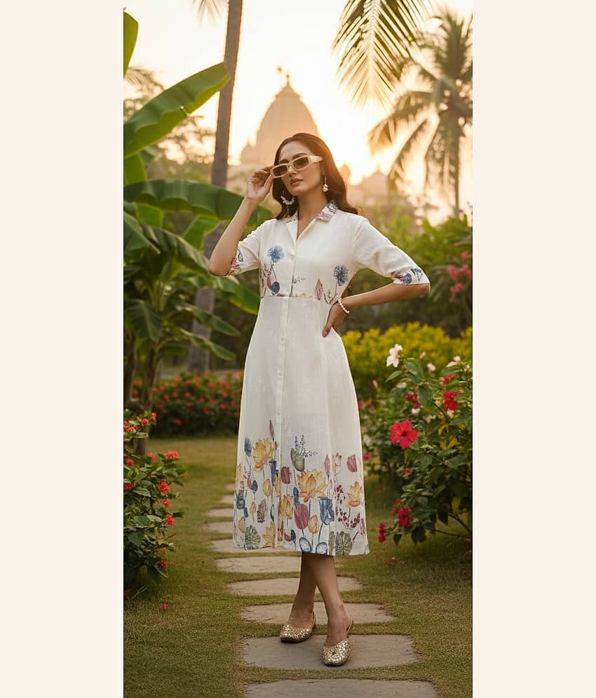 Flavia Creation Women Cotton A-line Dress ( White )