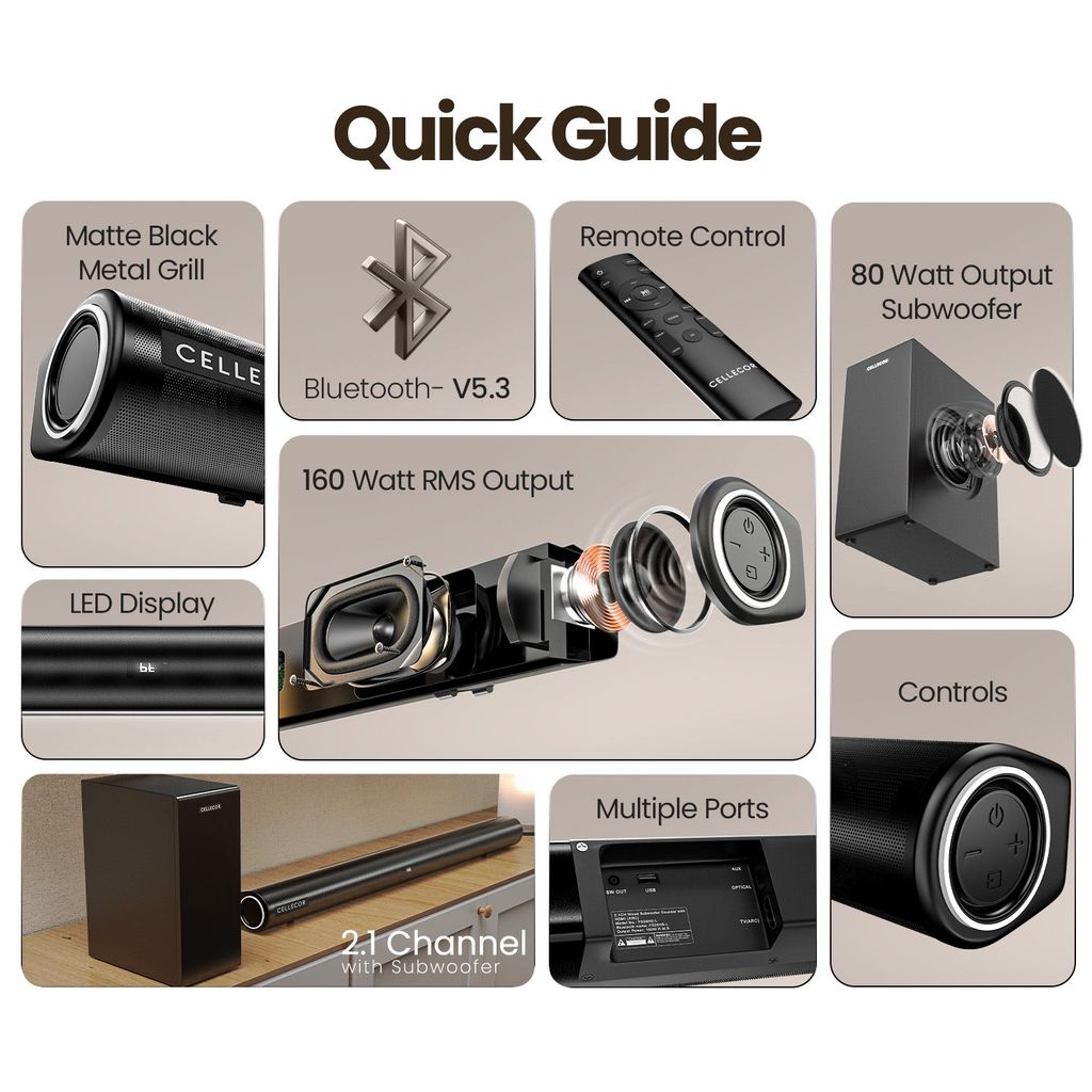 CELLECOR CBS-01 TUNEBAR 2.1 Channel Soundbar with 160W RMS Output, 80W Subwoofer, Bluetooth 5.3 & Matte Black Metal Grill - Black