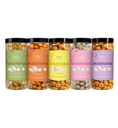 Vishnu Delight Organic Makhana Combo Pack-5 of 90g Each flavor - Peri Peri, Mint Masti, Himalayan Salt, Magic Masala, Cheese N Herbs - Crunchy, Deliciously, and Full of Flavorful Indian Spices Snacks