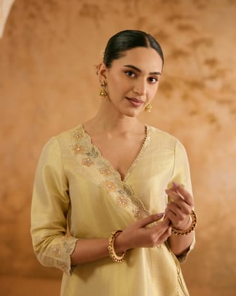 Gold Zari Tissue Angrakha with Narrow Pants - Set of 2-XXS / XXS