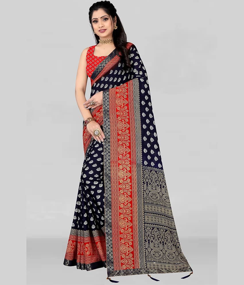 LEELAVATI Georgette Embroidered Saree With Unstitched Blouse Piece ( Navy Blue )