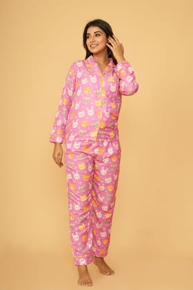 Cute Animals Full Sleeve Pyjama Set-S / Pink / Rayon Blend