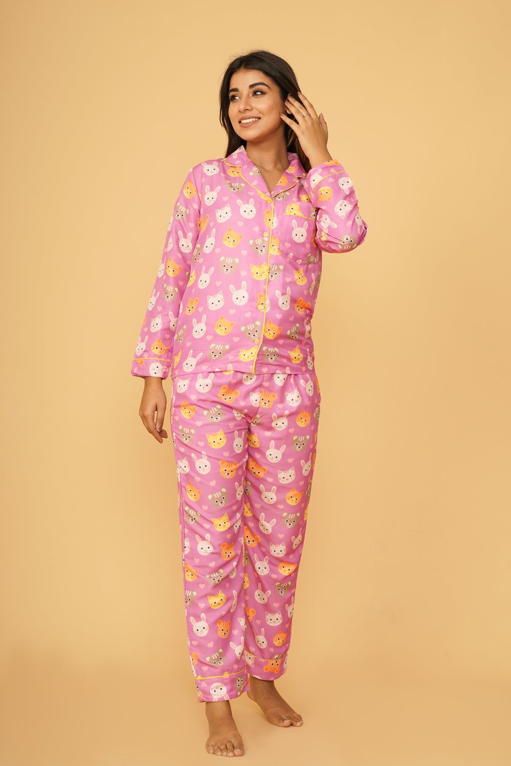 Cute Animals Full Sleeve Pyjama Set-S / Pink / Rayon Blend