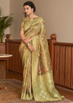 Golden Olive Woven Banarasi Tissue Organza Silk Saree With Digital Print
