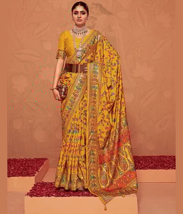 Samah Silk Printed Saree With Unstitched Blouse Piece ( Yellow )