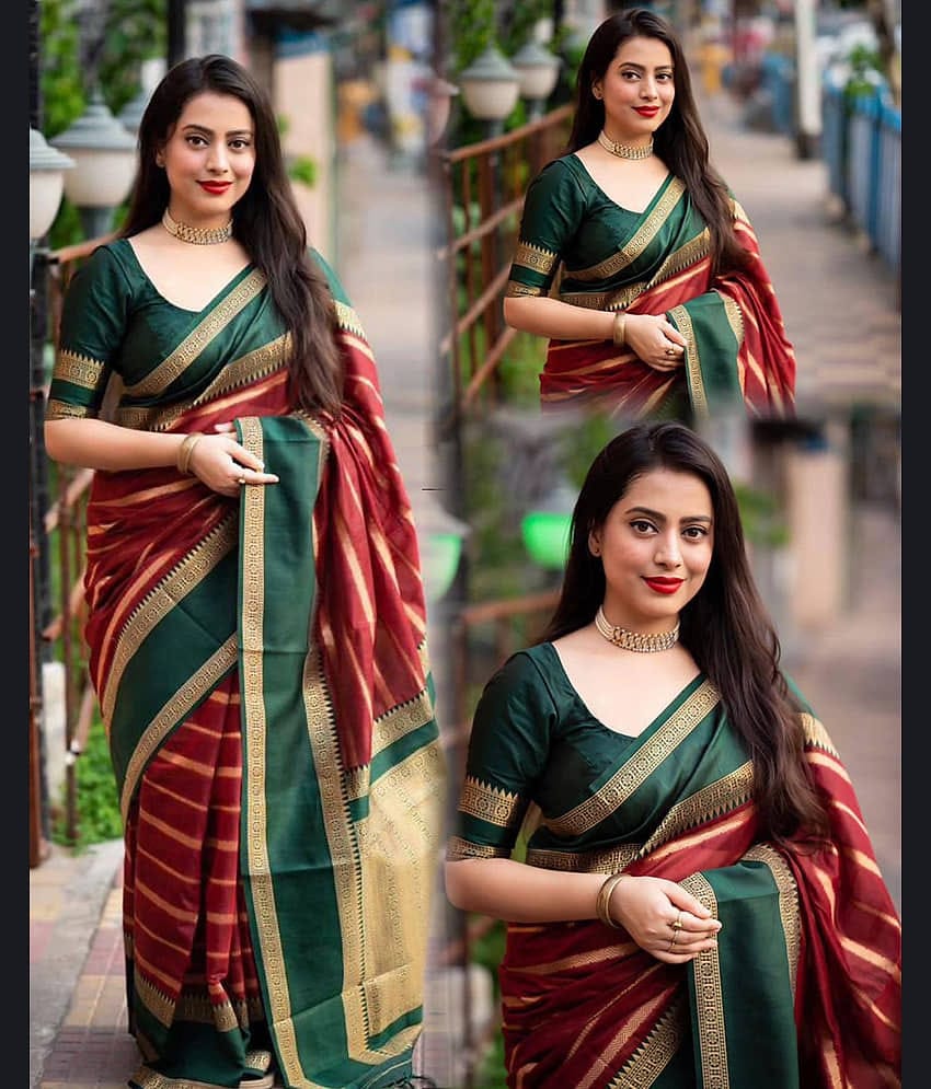 Yashika Banarasi Silk Printed Saree With Unstitched Blouse Piece ( Navy Blue )