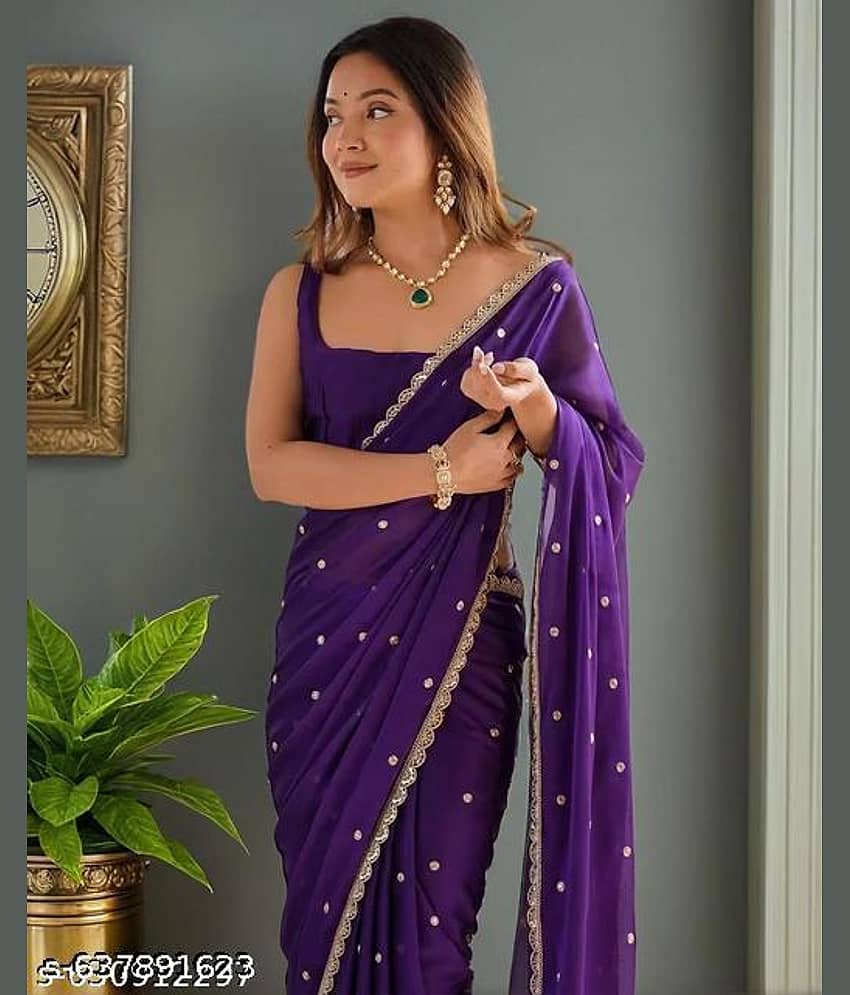 Shivadit ethnic Georgette Embellished Regular Saree With Unstitched Blouse Piece ( Purple )