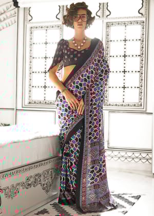 Blue And Red Satin Crepe Printed Saree