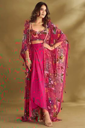 Pink Drape Skirt With Blouse And Jacket (Set of 3)-XS