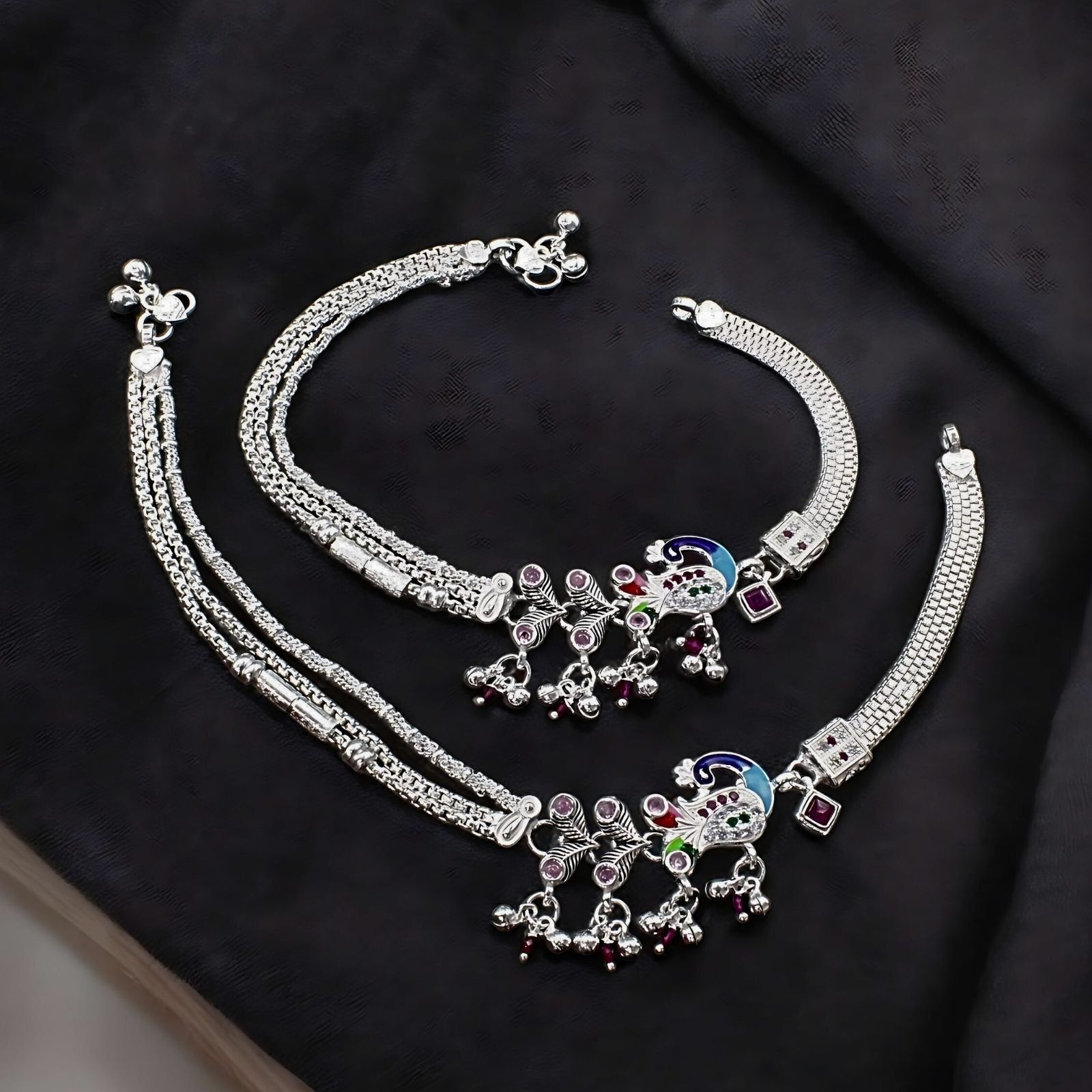 Real Silver ankle chain in Peacock designing for bride in length 10.5"