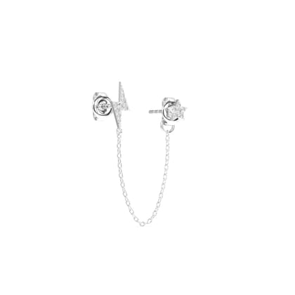 Star and thunder chain connector stud earring - Pair-Rhodium plated