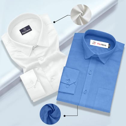 Cotton Satin White & Filafil Blue- Classic Pocket Shirt Combo (Set of 2)-M