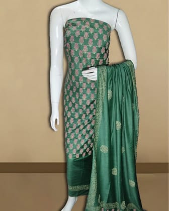 Katan Silk Precious Blockprint Green Suit
