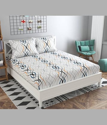 SHOMES Cotton Geometric Fitted 1 Bedsheet with 2 Pillow Covers ( Double Bed ) - White