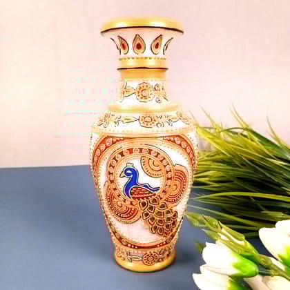 Flower Vase Marble - Peacock Design for Table Decoration | Handcrafted Flower Pot - for Home, Shelf, Living Room, Entrance Decor & Wedding / Housewarming Gifts - 10 inch-Design 1