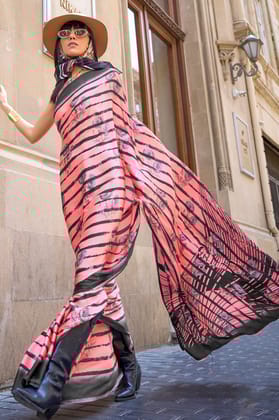 Pink Digital Print Satin Saree