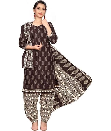 Rajnandini Women Cotton Blend Printed Straight Kurti With Patiala Salwar ( Brown )