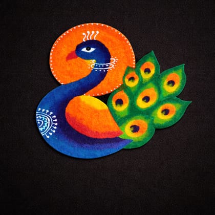Madhura’s Creations Peacock Rangoli Patch on Plastic Sheet | Multicolour Traditional Design | Real Rangoli Colours | Reusable | Single Piece