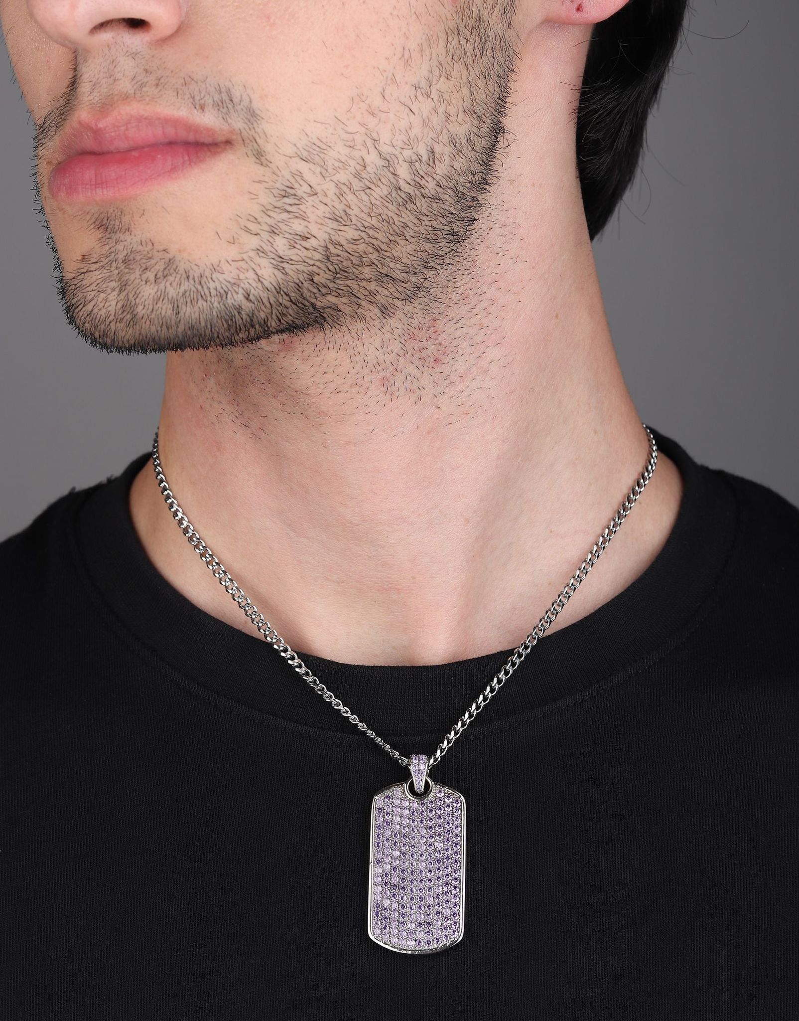 Millitary Dog Tag Iced Out Pendant (Iris Purple)-With Rope Chain 2.5mm / Iris Purple