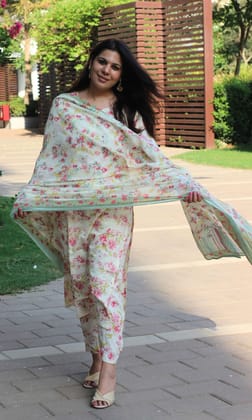 Cotton Off White Bloom Story Buttoned Suit Set with Cotton Printed Dupatta-2XL