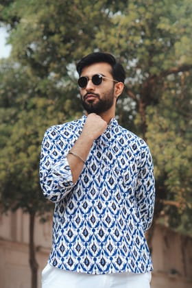 White and Blue Short Kurta-XS