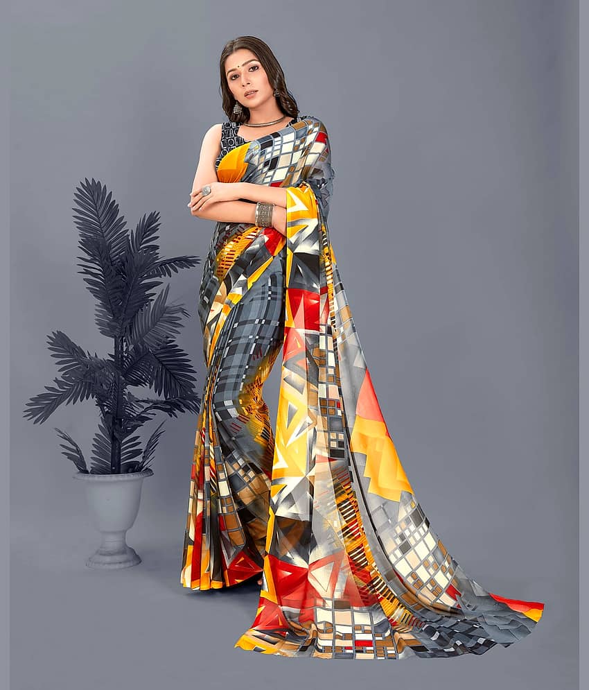 ANAND SAREES Georgette Printed Saree With Unstitched Blouse Piece ( Grey )