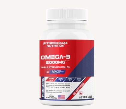 Fitness Buzz Prime Series Omega-3 2000mg Triple Strength Fish Oil, 360mg EPA, 240mg DHA, 600IU Vit-D3 per serving, Burp Free, 30% Better Absorption, Nutraceutical, Non-Veg, 60 Softgels