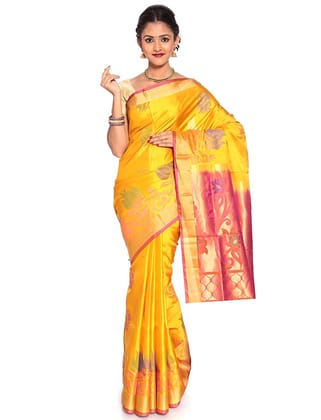 Yellow Kanchipuram Silk Saree with Pink Pallu