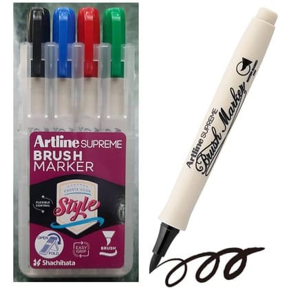 Artline Supreme Brush Marker Set of 4 of Black, Blue, Red & Green vibrant Colours | Popular Tool Among Artists And Designers
