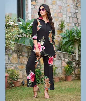 VIBEVISION Women Printed Shirt With Trousers Co-Ord Set ( Black )