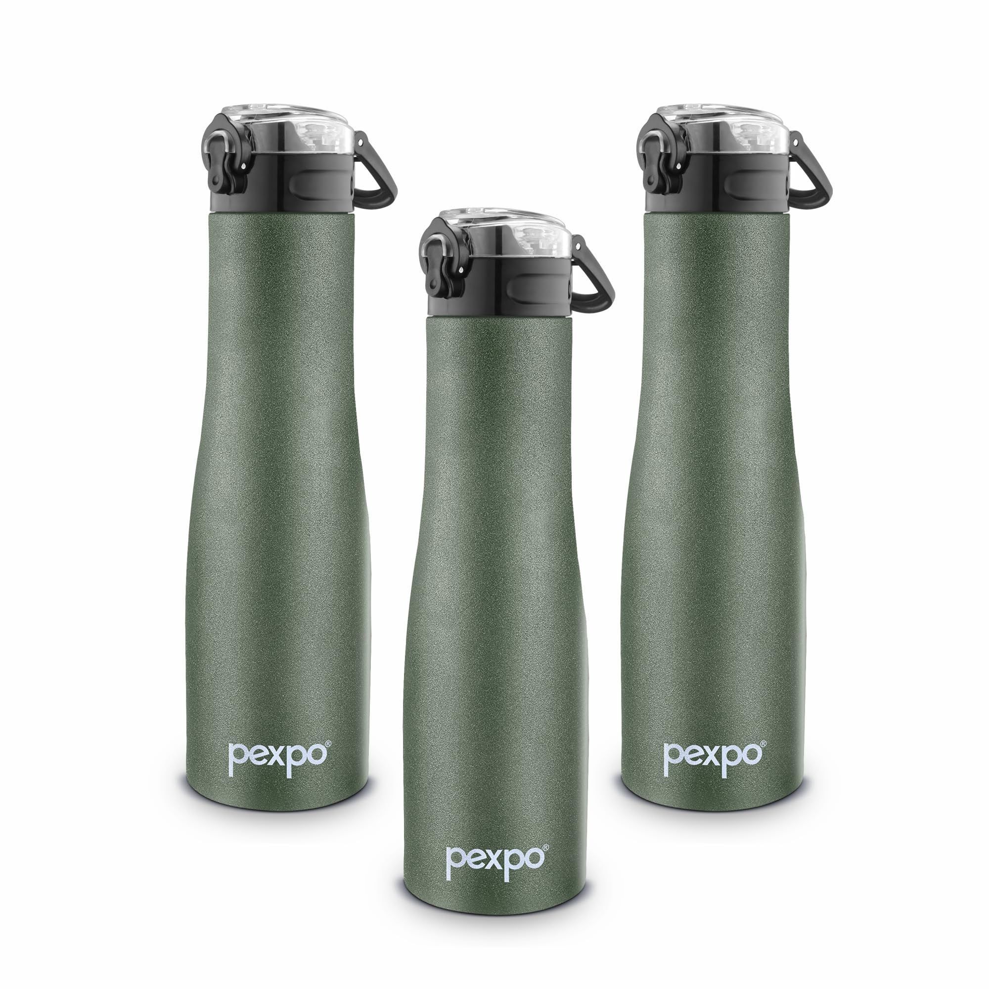 PEXPO Stainless Steel Sports Water Bottle, 1000ml, Pack of 3, Military Green, Monaco | Eco-Friendly & Leak-Proof Water Bottle