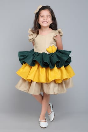 Colorblock Cotton Layered Dress with Matching Bow Clip - Beige-1-2Y / Beige