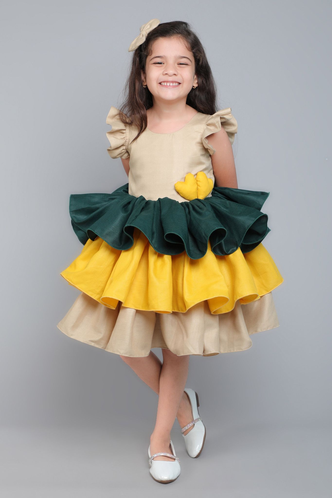 Colorblock Cotton Layered Dress with Matching Bow Clip - Beige-1-2Y / Beige