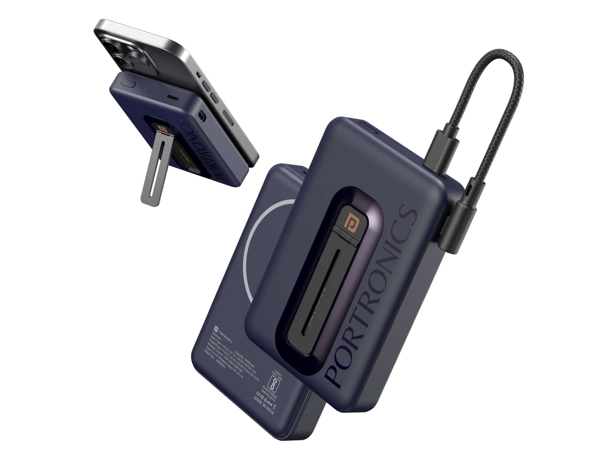 Portronics Revvo 15W Wireless Max Output, 22.5W Wired Output, 22.5W Wired Output, Mag Safe Mobile Stand - Blue