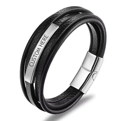 Multi-Layer Black Silver Leather Customized Personalised Laser Engraved Wrist Wrap Band Strand Id Bracelet For Men-Engraved