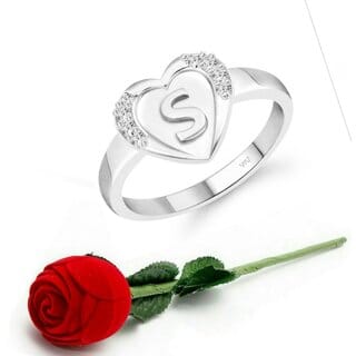 VFJ cz alloy Rhodium plated Valentine collection Initial"S"Letter in heart ring