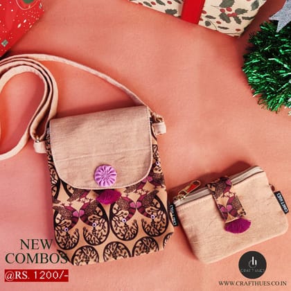 Mobile Sling Bag/Mini Wallet Combo- Gond Peach Peacock