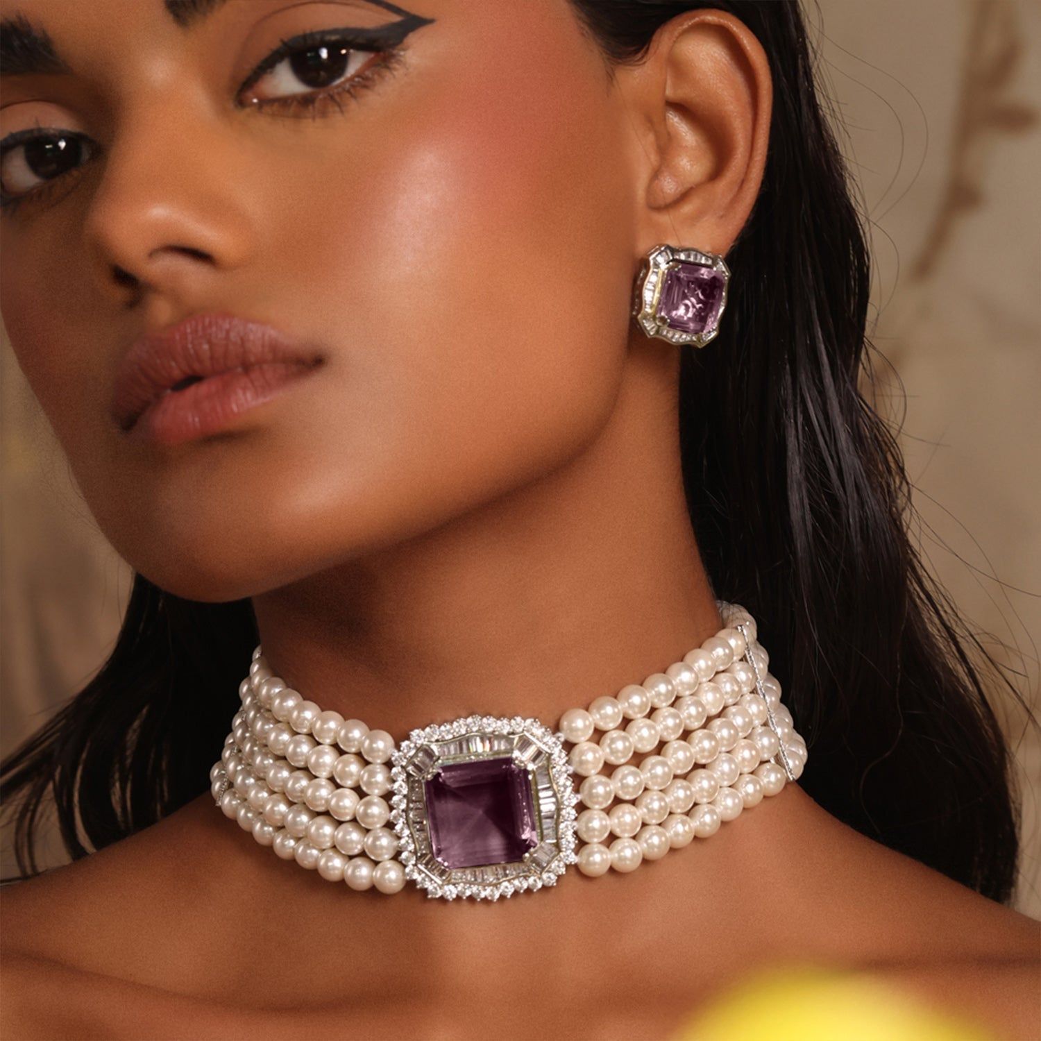 Serena -  Purple Stone Pearl Choker Set-Purple