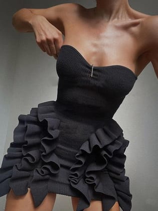 Off Neck Tube Ruffles Sheath Short Dress-S / Black