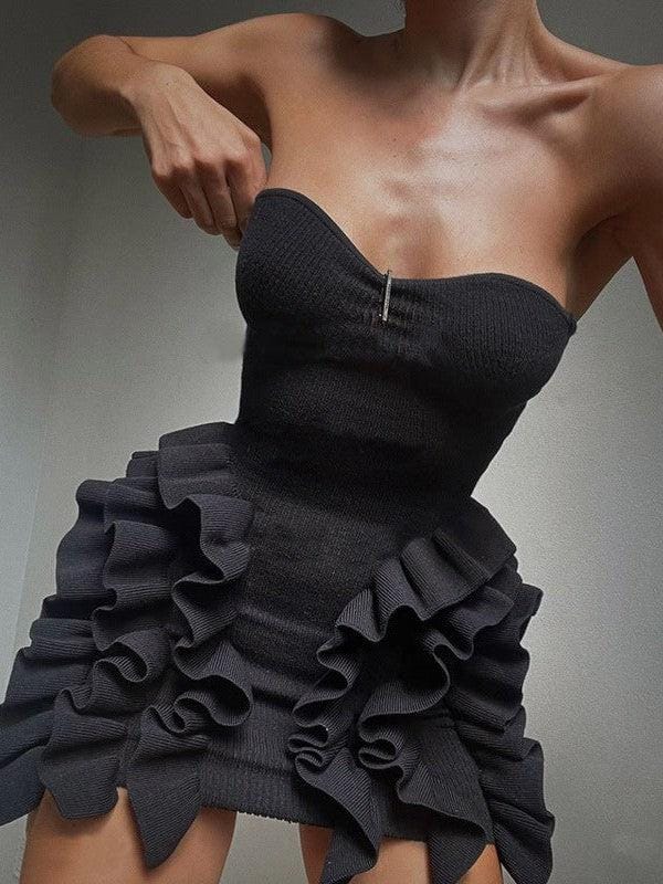 Off Neck Tube Ruffles Sheath Short Dress-S / Black