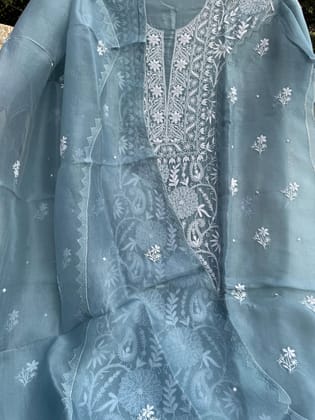 Organza Chikankari Length with Dupatta (Pearl Work) - Blue Grey-Blue Grey / Organza / Pearl Work